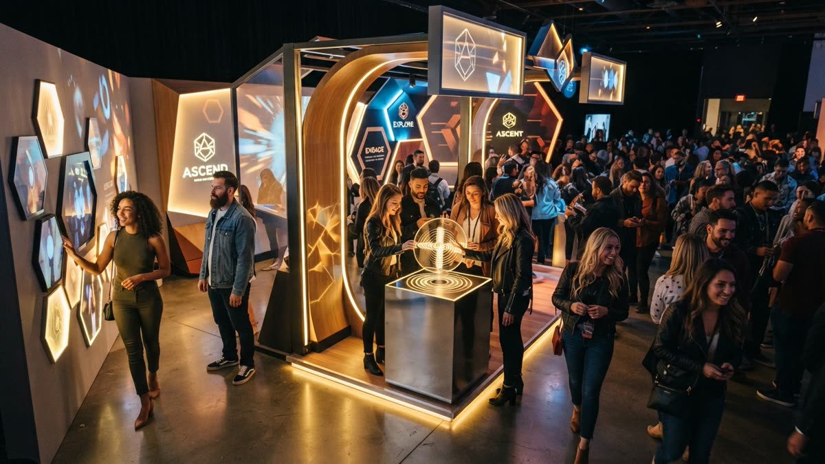 Visitors engaging with an interactive brand activation pop-up
