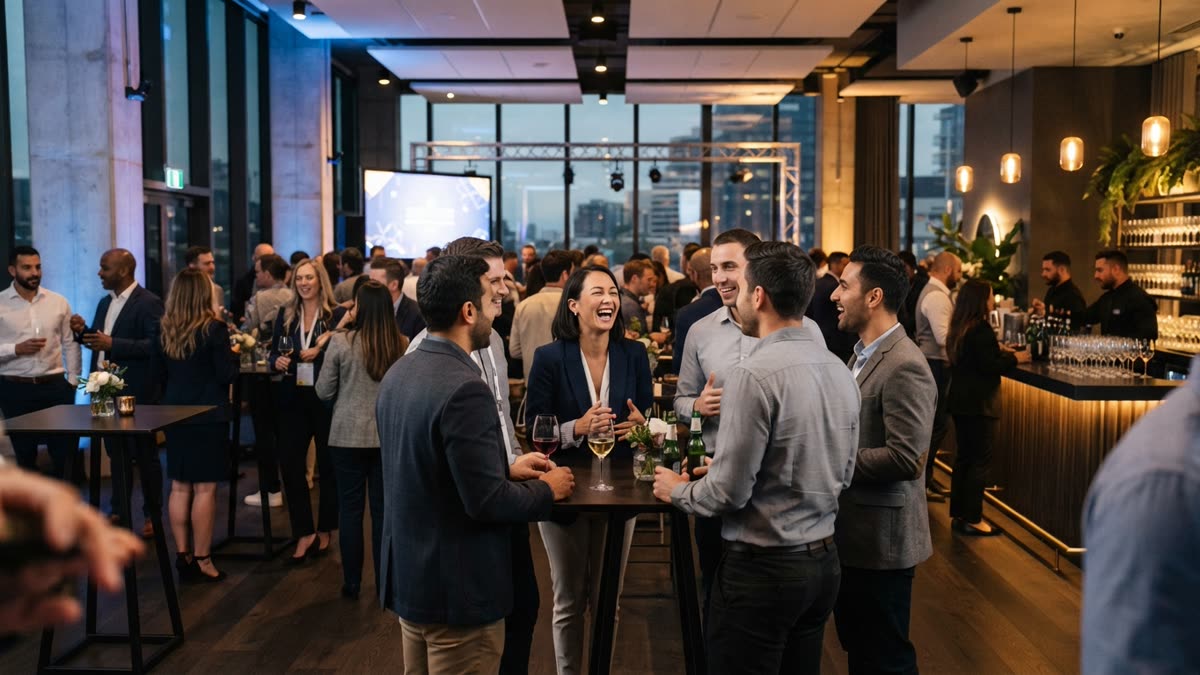 Colleagues networking and laughing at an evening corporate event