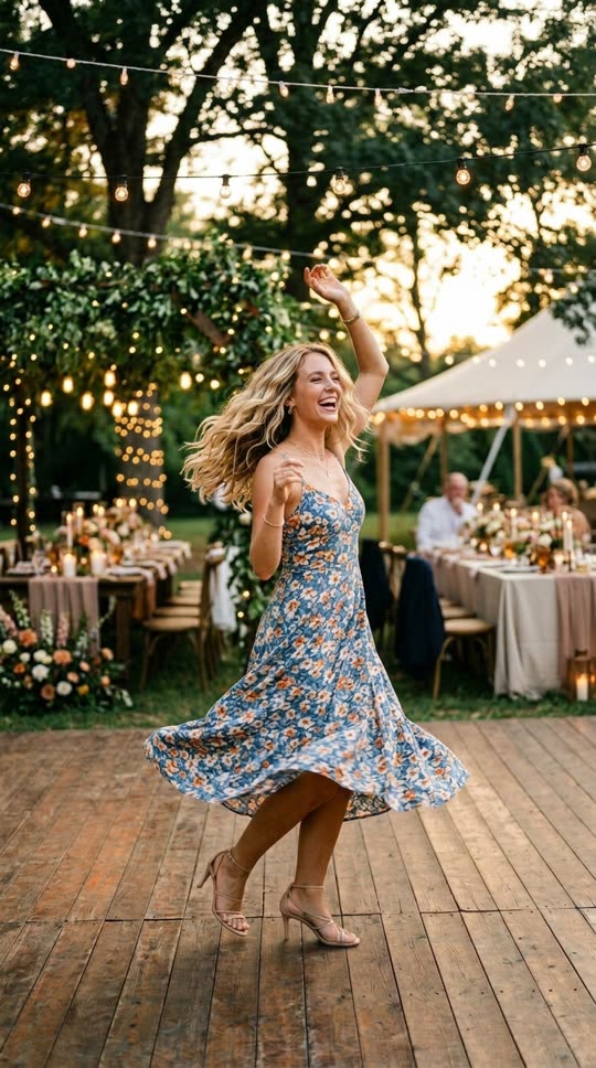 Original guest photo before AI dance generation: a woman in a floral dress at an outdoor wedding reception