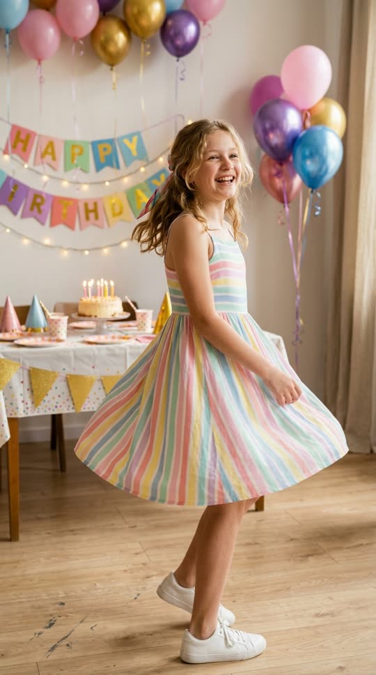 Original guest photo before AI dance generation, a girl in a striped dress at a birthday party