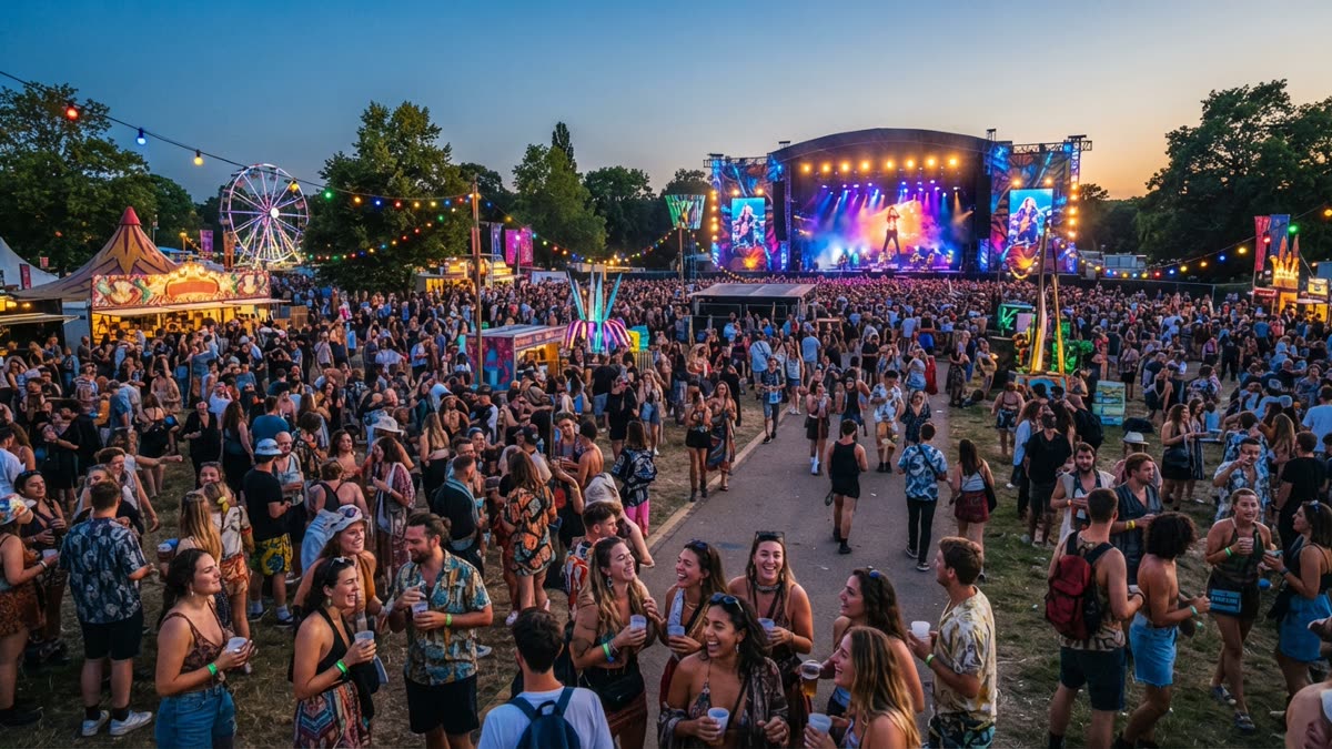 Crowd with raised hands at a large brand activation or festival stage