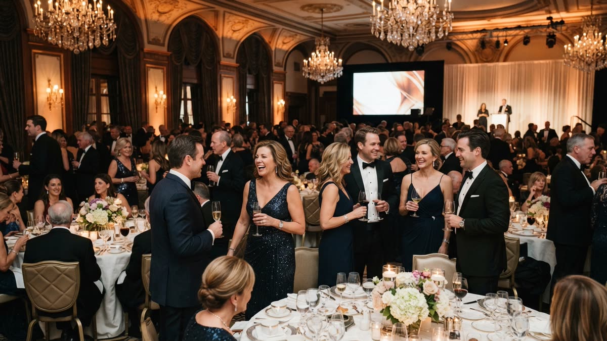 Guests in formal wear at a corporate gala and fundraiser