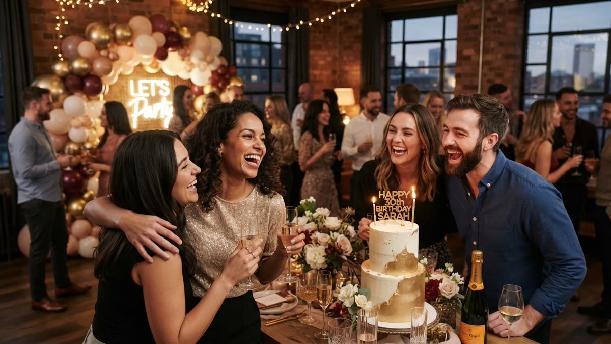 Guests celebrating a birthday party with balloons, the kind of event where a 360 photo booth or AI photo booth is often considered