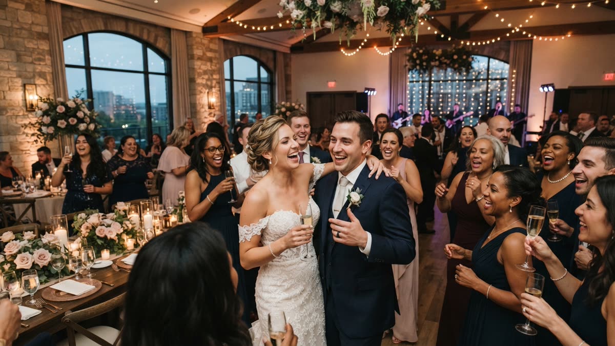 Bride and groom celebrating with guests at a wedding reception