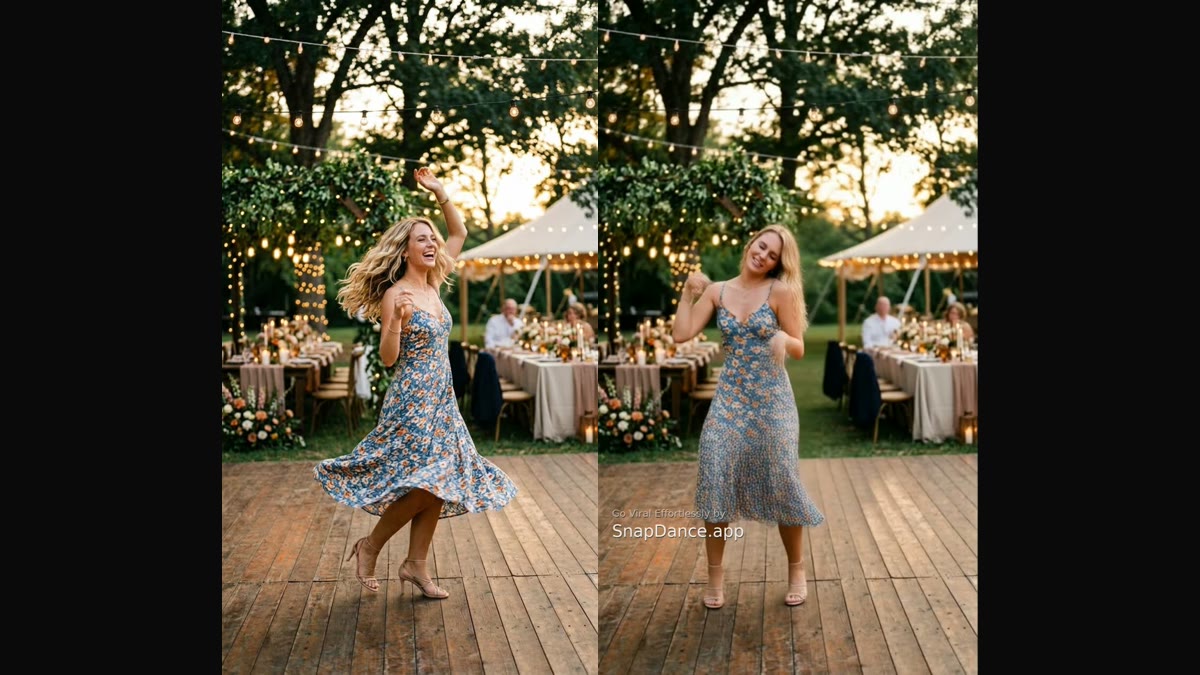 Two portrait images side by side on a dark background: an original photo of a person on the left and the AI-generated dance video frame of the same person on the right