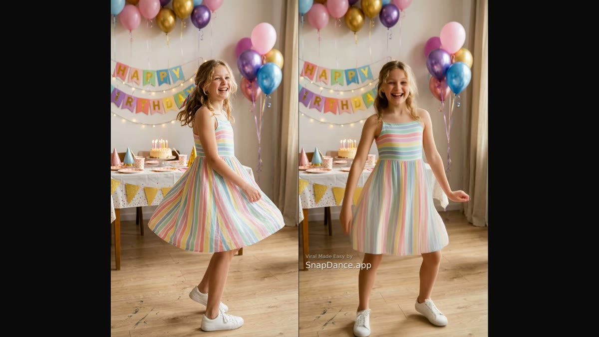 Side by side: on the left an ordinary photo of a person standing, on the right the same person in a frame from their AI dance video