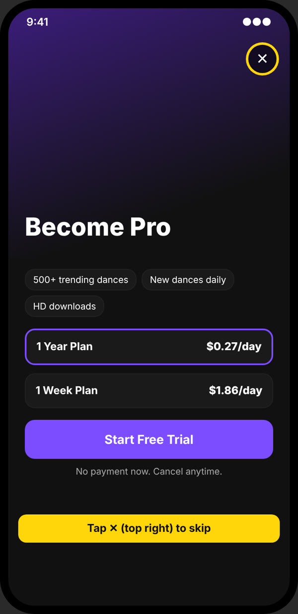 Become Pro screen with the close button in the top right corner highlighted