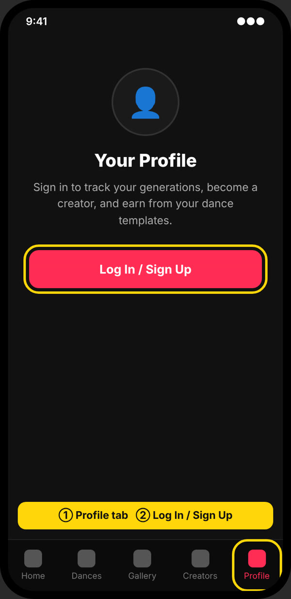 Profile tab selected, showing the Log In / Sign Up button