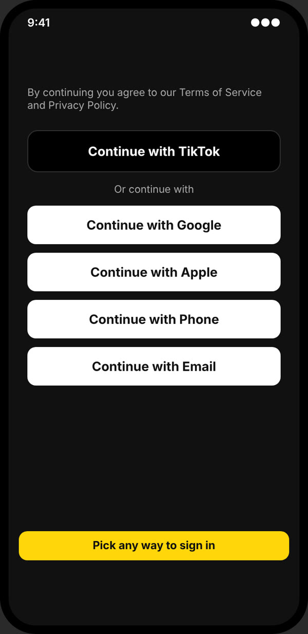 Sign-in options: TikTok, Google, Apple, Phone, Email