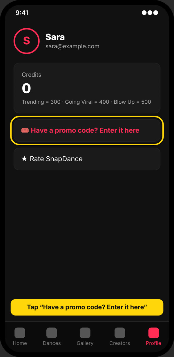 Signed-in Profile with the row Have a promo code? Enter it here highlighted