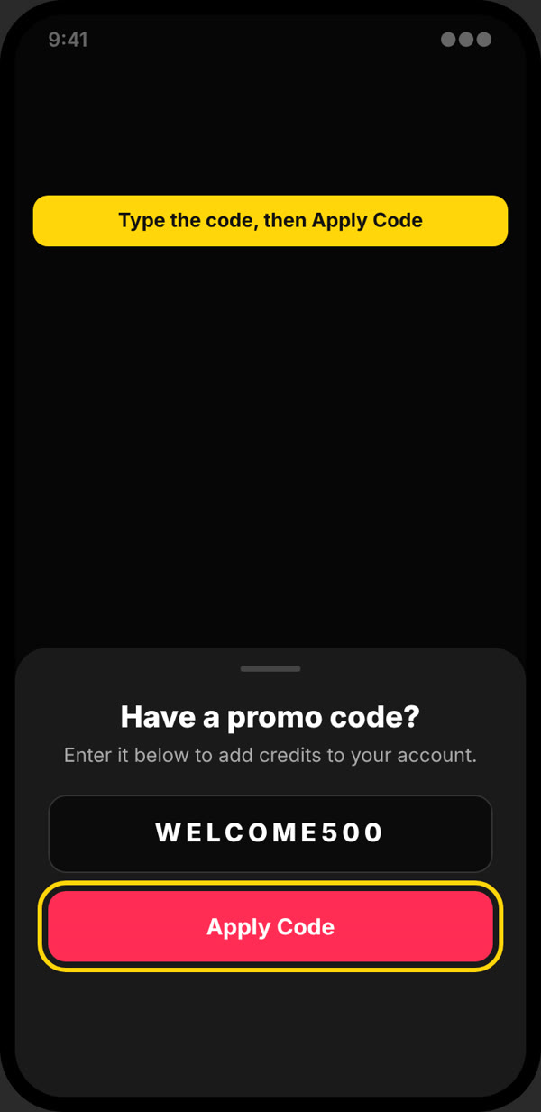 Promo code box with the code typed and the Apply Code button highlighted