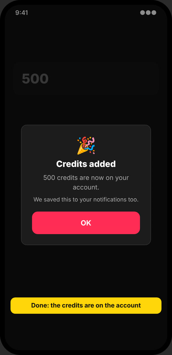 Credits added confirmation