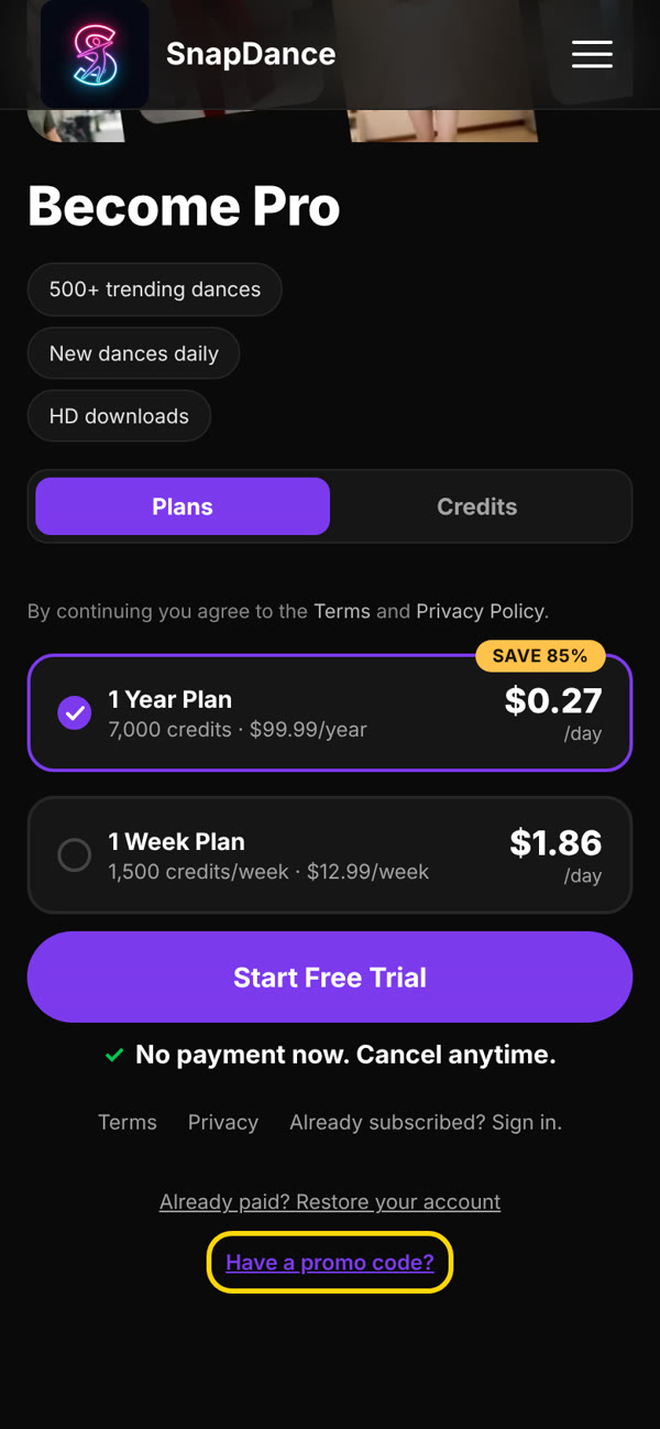 Pricing page with the Have a promo code link highlighted