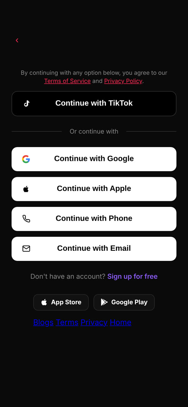 Sign-in page with TikTok, Google, Apple, Phone and Email options