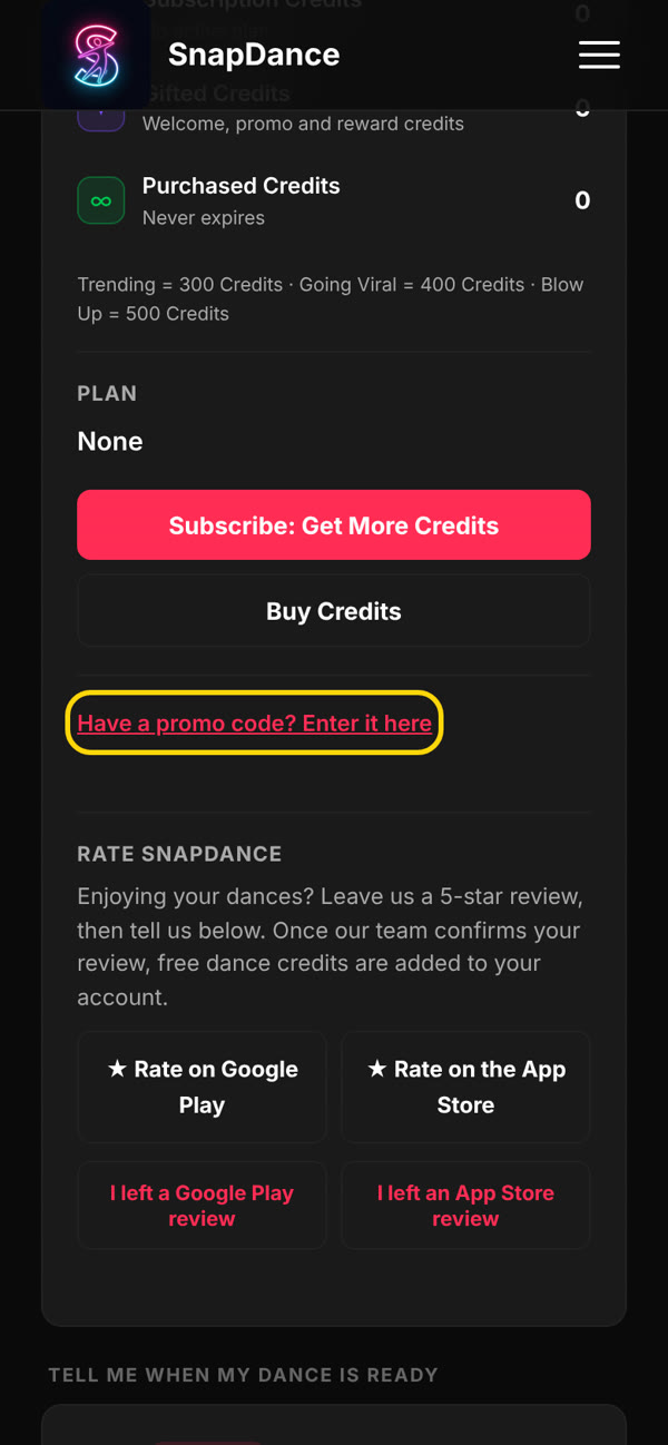 Profile page with the Have a promo code? Enter it here link highlighted