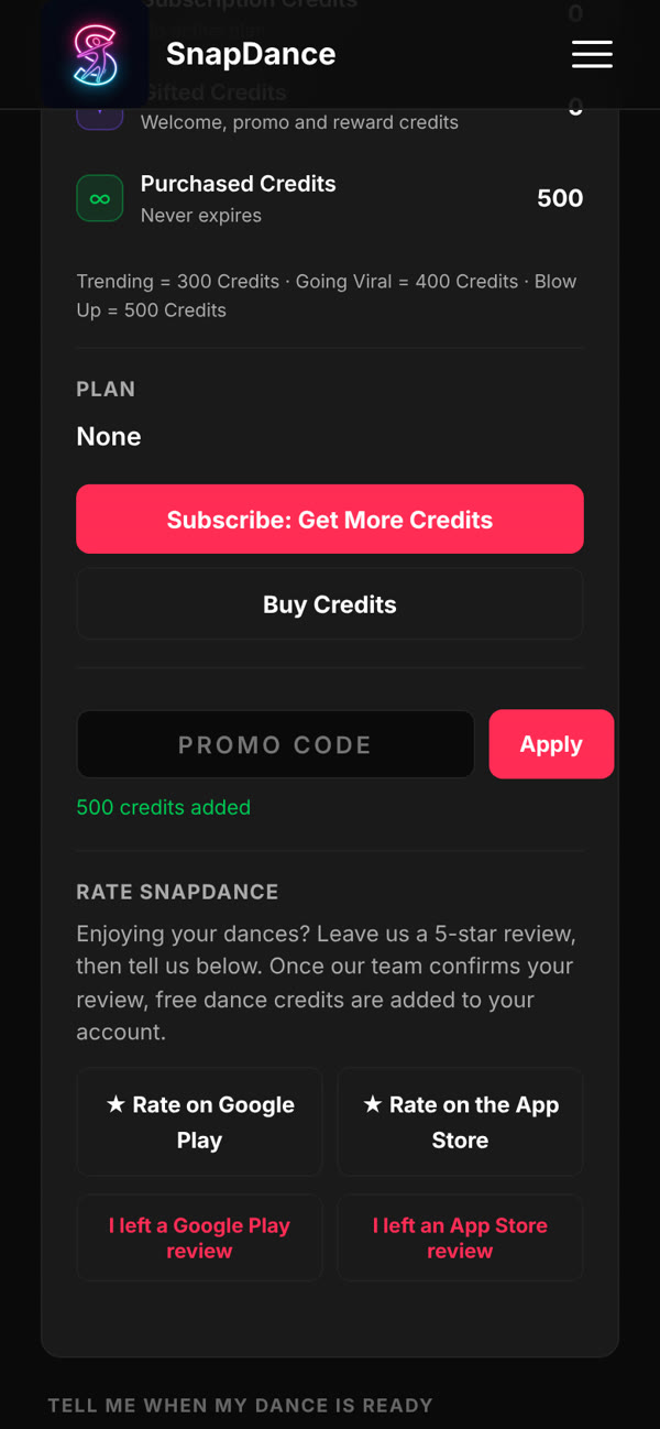 Message saying 500 credits added