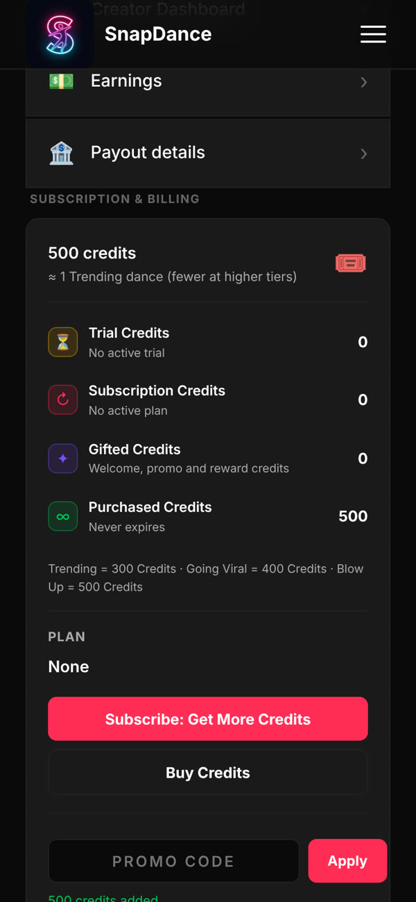 Credits section showing the new credits